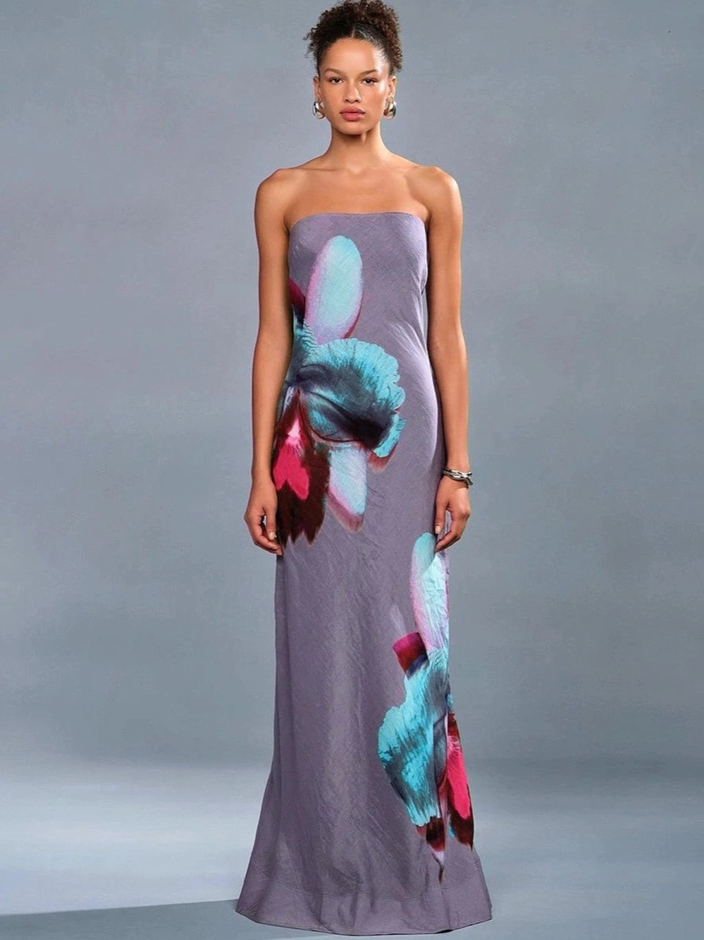 Strapless Floral Maxi Dress in Purple & Blue Like New